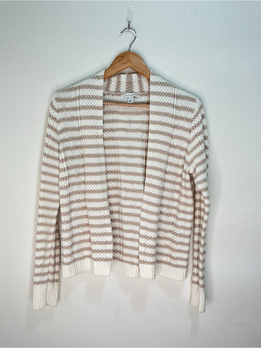 Banana Republic Almond Cream Striped Cotton Knit Cardigan L Coastal 100% Cotton
